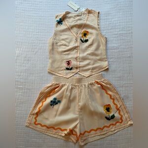 Floral Embroidered Cream Shorts Set